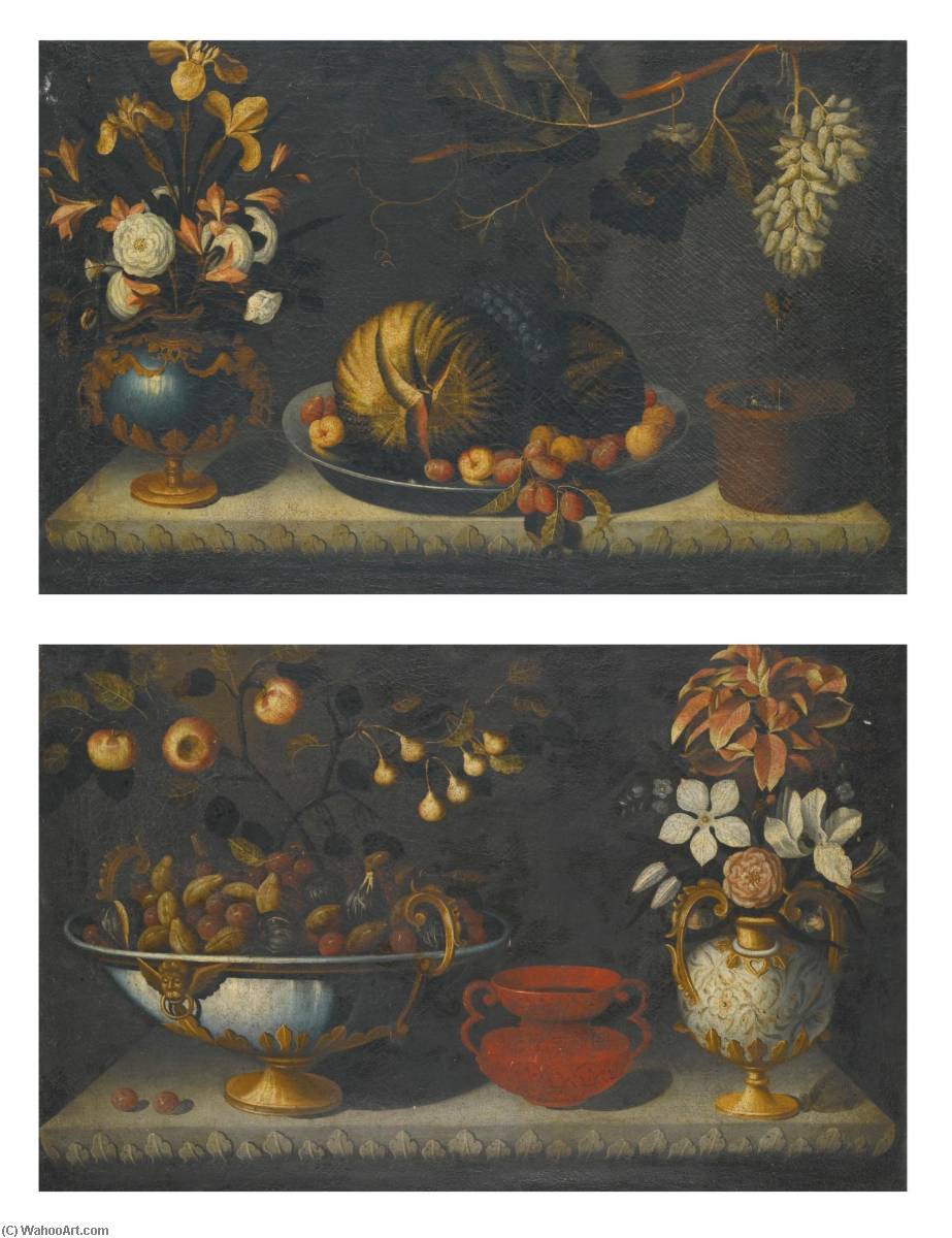 Still Life With A Watermelon On A Pewter Dish, Next To Gilt Mounted Bluestone Urn Of Flowers Still Life With Plums And Figs In A Gilt Mounted Bowl, With A Gilt Mounted Urn Of Flowers To The Right — Bernardo Polo