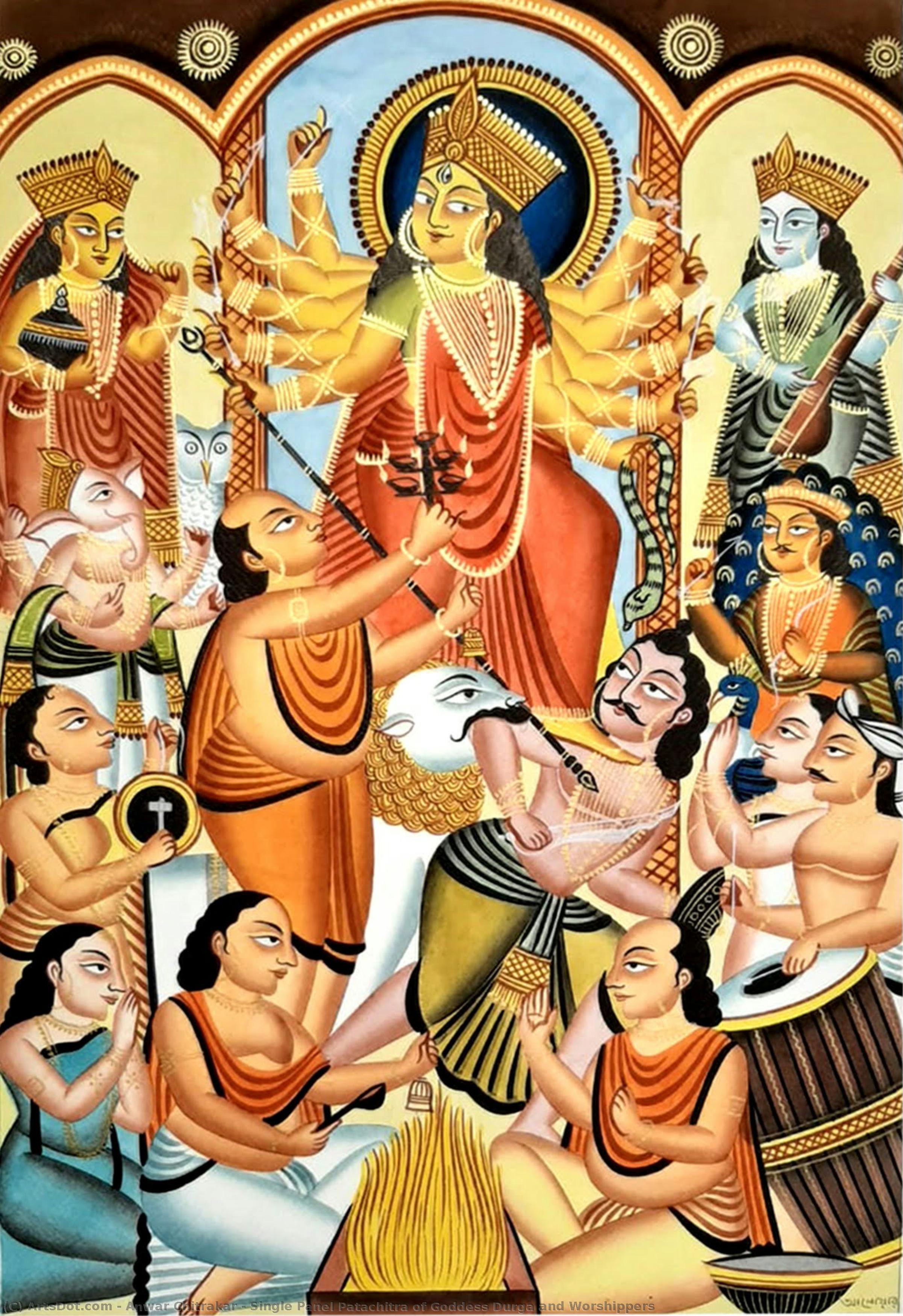 Single Panel Patachitra Of Goddess Durga And Worshippers — Anwar Chitrakar