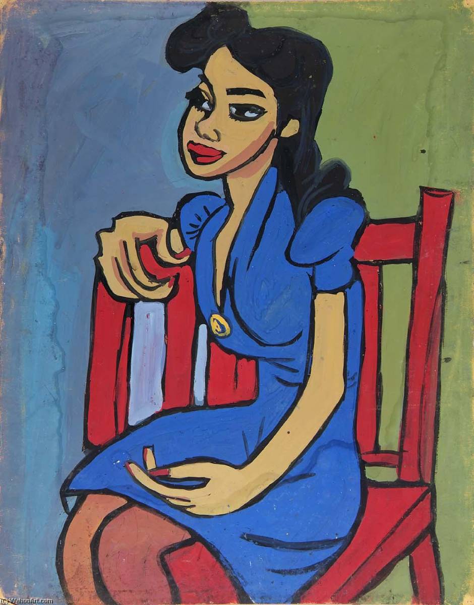 Woman In Blue Dress In Red Chair — Виљем Хенри Џонсон