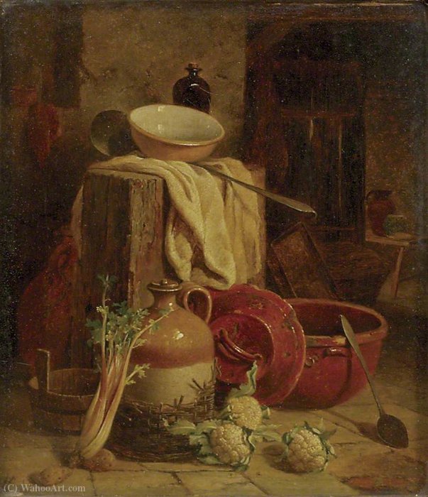 Still Life Of Kitchen Utensils And Vegetables — William Hughes