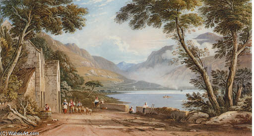Figures And Sheep On A Lane, By Tal-y-llyn Lake, Near Cader Idris, North Wales — John Varley I (the Older)
