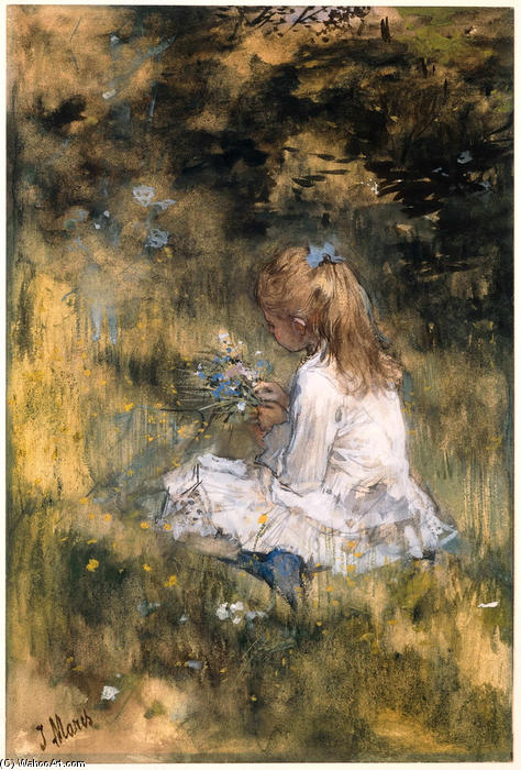 Young Girl (artist's Daughter) Picking Flowers In The Grass — Jacob Henricus Maris