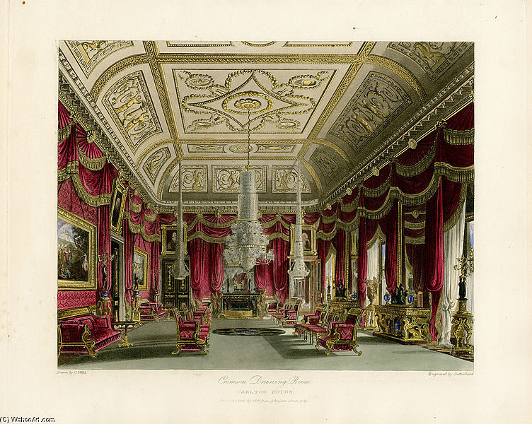 Crimson Drawing Room, Carlton House, From Pyne's Royal Residences — Charles Wild