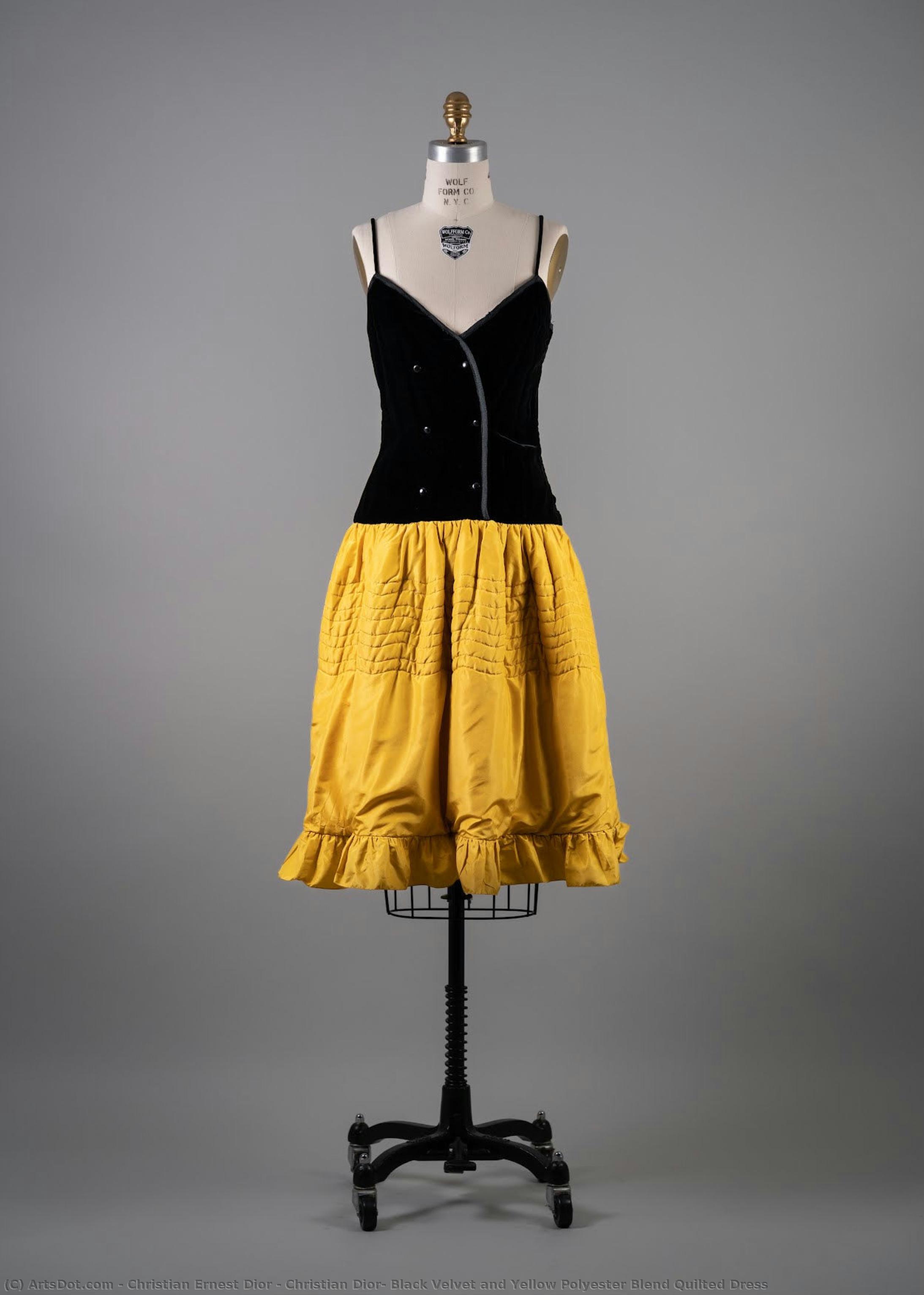 Christian Dior, Black Velvet And Yellow Polyester Blend Quilted Dress — Christian Dior