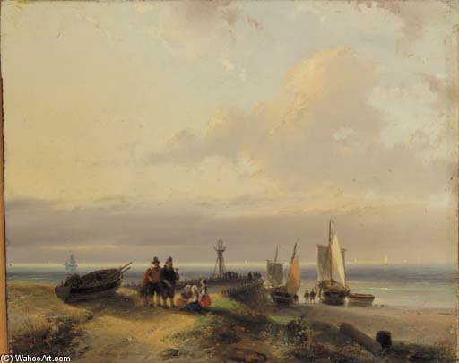 A Beach Scene With Fisherfolk Chatting In The Dunes — Andreas Schelfhout