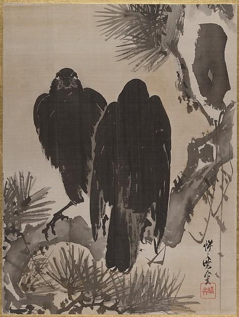 松に鴉図 Two Crows On A Pine Branch — Kawanabe Kyōsai