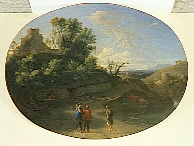 Paysage Avec Deux Patres Et Une Femme Sur Un Ane — Herman Van Swanevelt