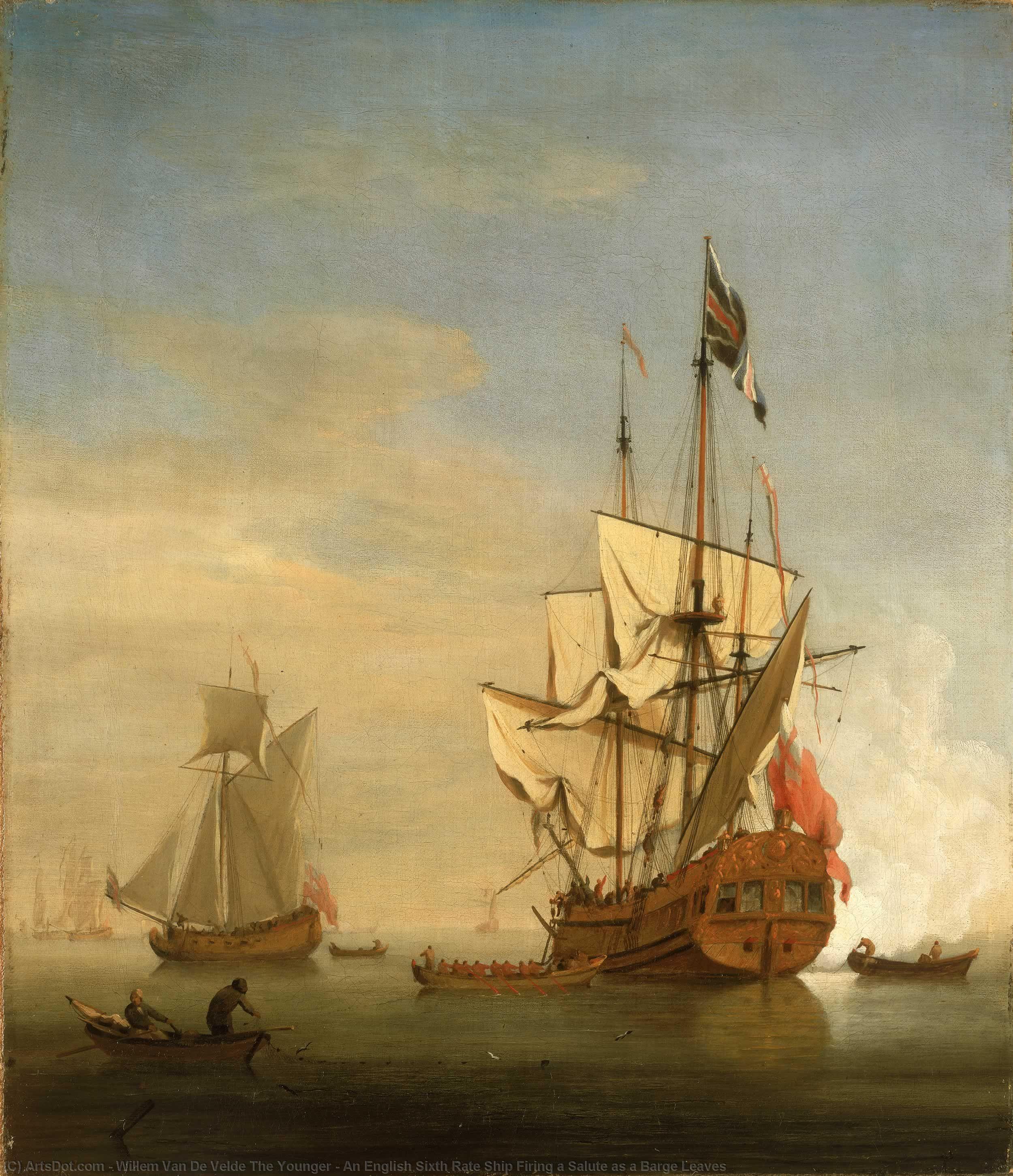 An English Sixth Rate Ship Firing A Salute As A Barge Leaves — ヴィレム・ファン・デ・フェルデ（子）