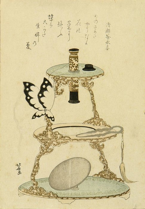 Una Surimono De Un Microscopio Y Una Mariposa Asentada Sobre — Katsushika Hokusai