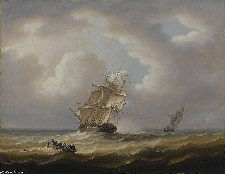 A British Frigate Hove-to With Her Jollyboat Preparing To Pluck A Man From The Sea — Thomas Buttersworth