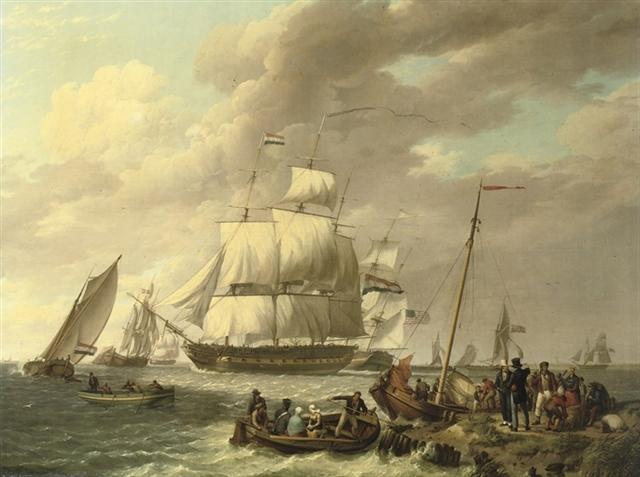 Several Frigates Near A Jetty — Johannes Hermann Barend Koekkoek