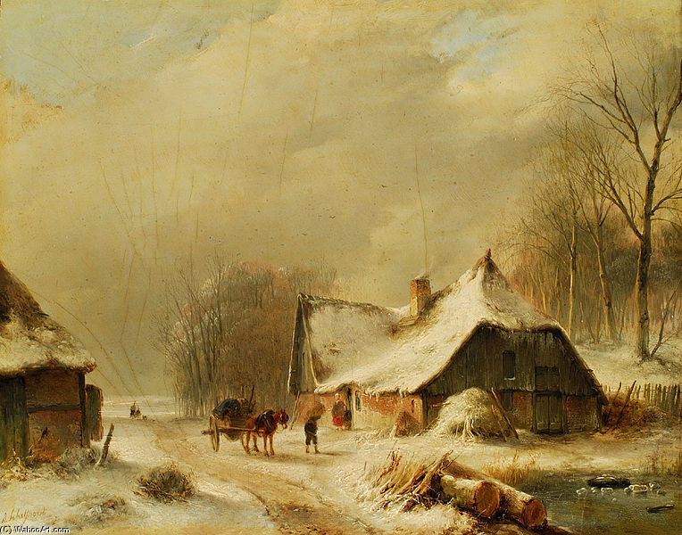Winter Landscape With Horse And Carriage In Front Of A Snowy Farm — Andreas Schelfhout