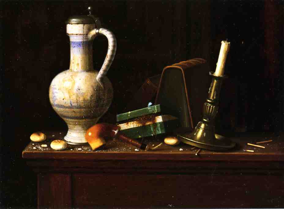 Still Life With Blue And White Pitcher, Tobacco Case And Pipe — William Michael Harnett