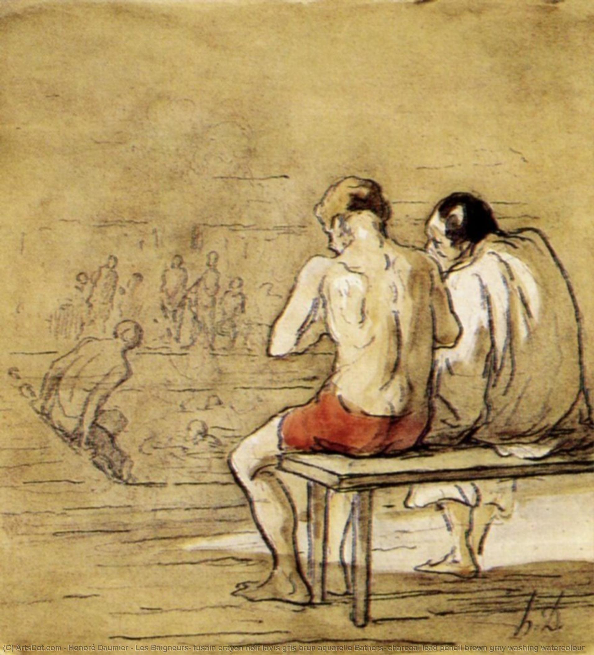 Les Baigneurs, Fusain Crayon Noir Lavis Gris Brun Aquarelle Bathers, Charcoal Lead Pencil Brown Gray Washing Watercolour — Honoré Daumier
