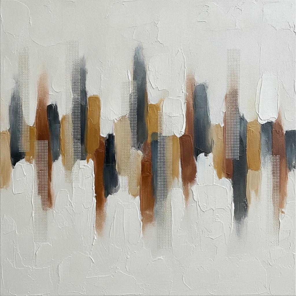 Rhythmic Ochre Columns Amidst Textured Charcoal Striations — David Moreau
