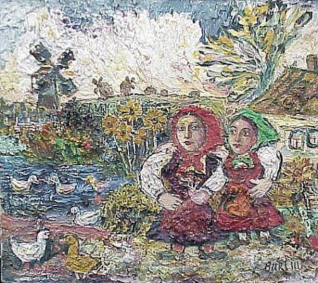 Two Girls In A Farmyard With Ducks And A Windmill — David Davidovich Burliuk