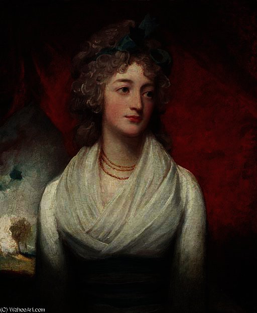 Portrait Of Miss Jean Drummond, Half-length, In A White Dress And With A Blue Ribbon In Her Hair, Before A Red Curtain, A Landscape Beyond — George Romney