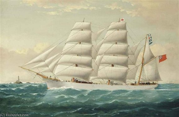 The English Three-masted Barque Antarctic In Full Sail Off The Bishop's Rock Lighthouse In The Channel — William H Yorke