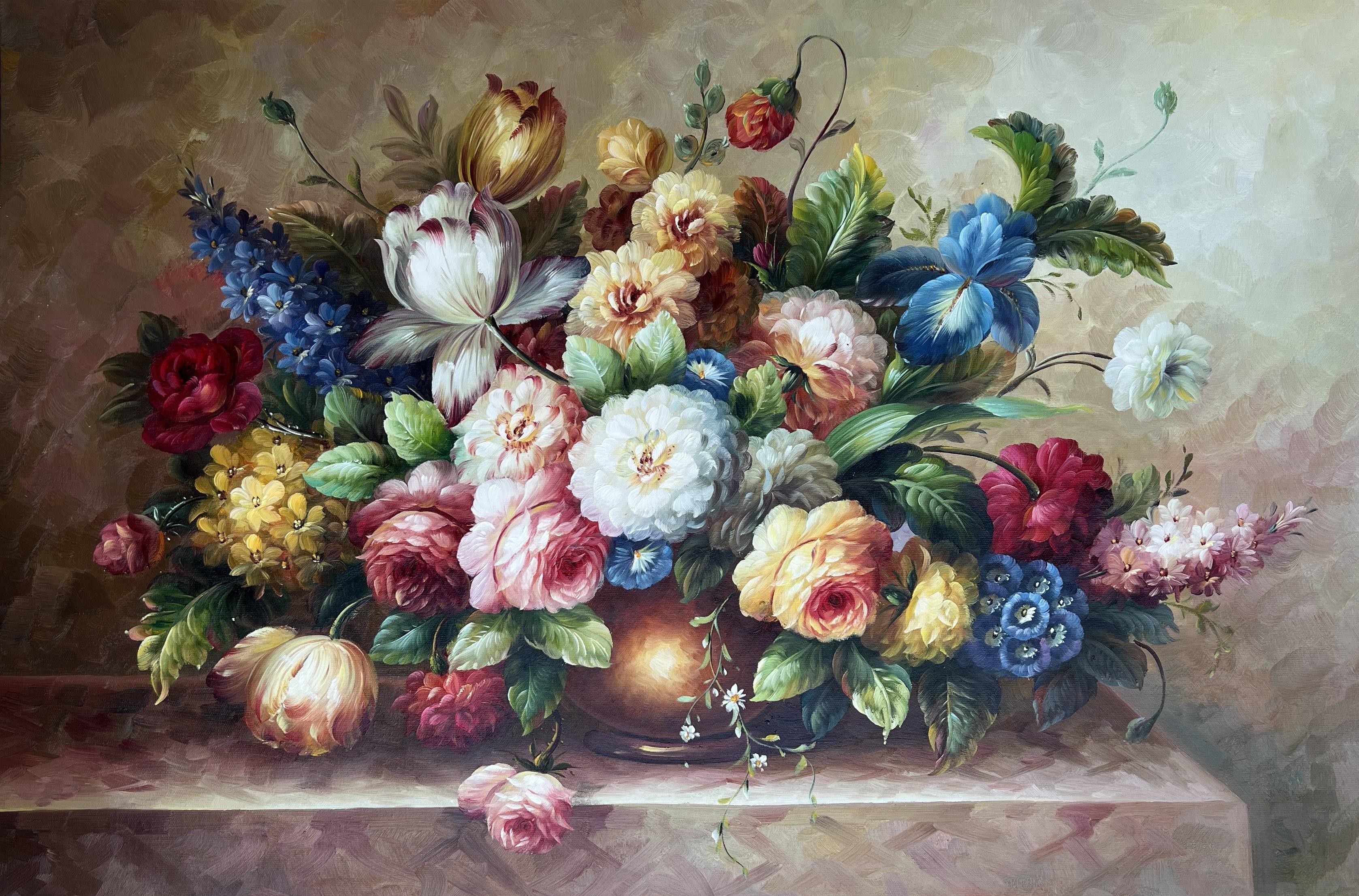 Dutch Style Floral Still Life On Linen