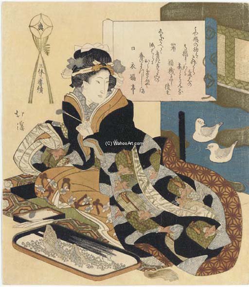 Seated Beauty With A Miniature Tray Landscape — Toyota Hokkei