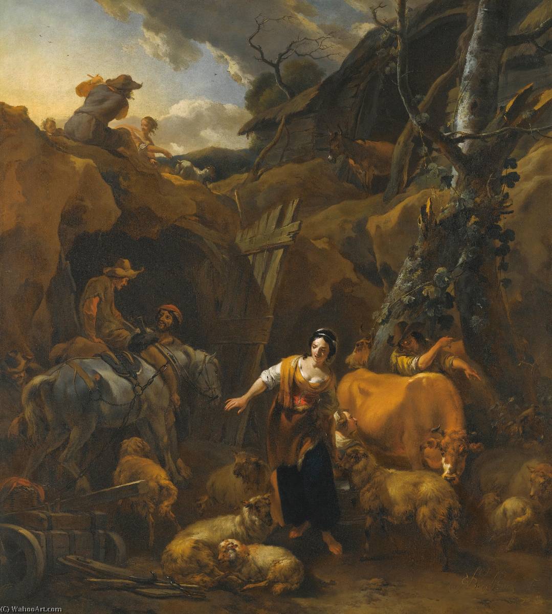 A Mountainous Italianate Landscape With Milkmaids And Other Figures — Nicolaes Pietersz Berchem
