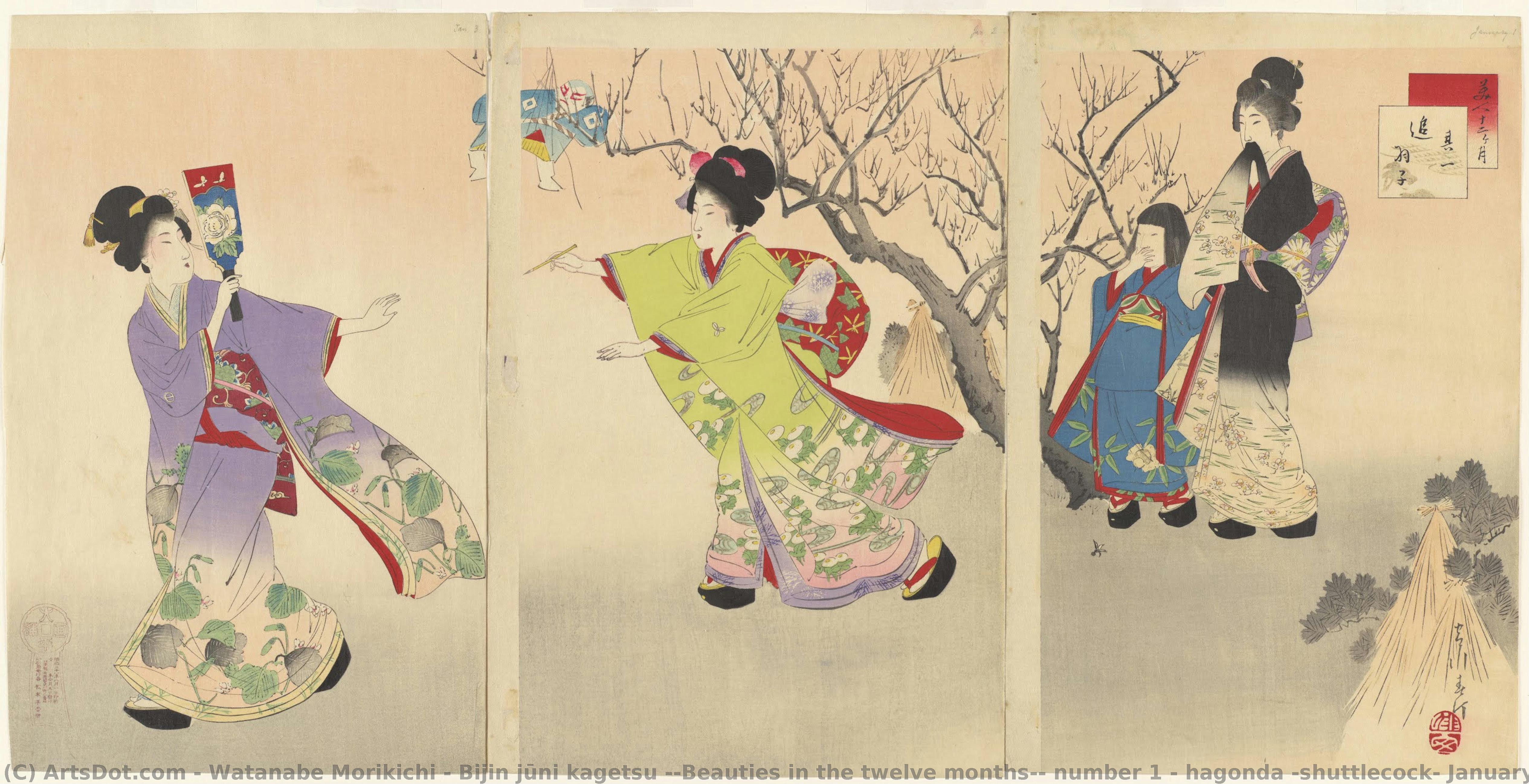 Bijin Jūni Kagetsu ((beauties In The Twelve Months): Number 1 - Hagonda (shuttlecock) January — Miyagawa Shuntei