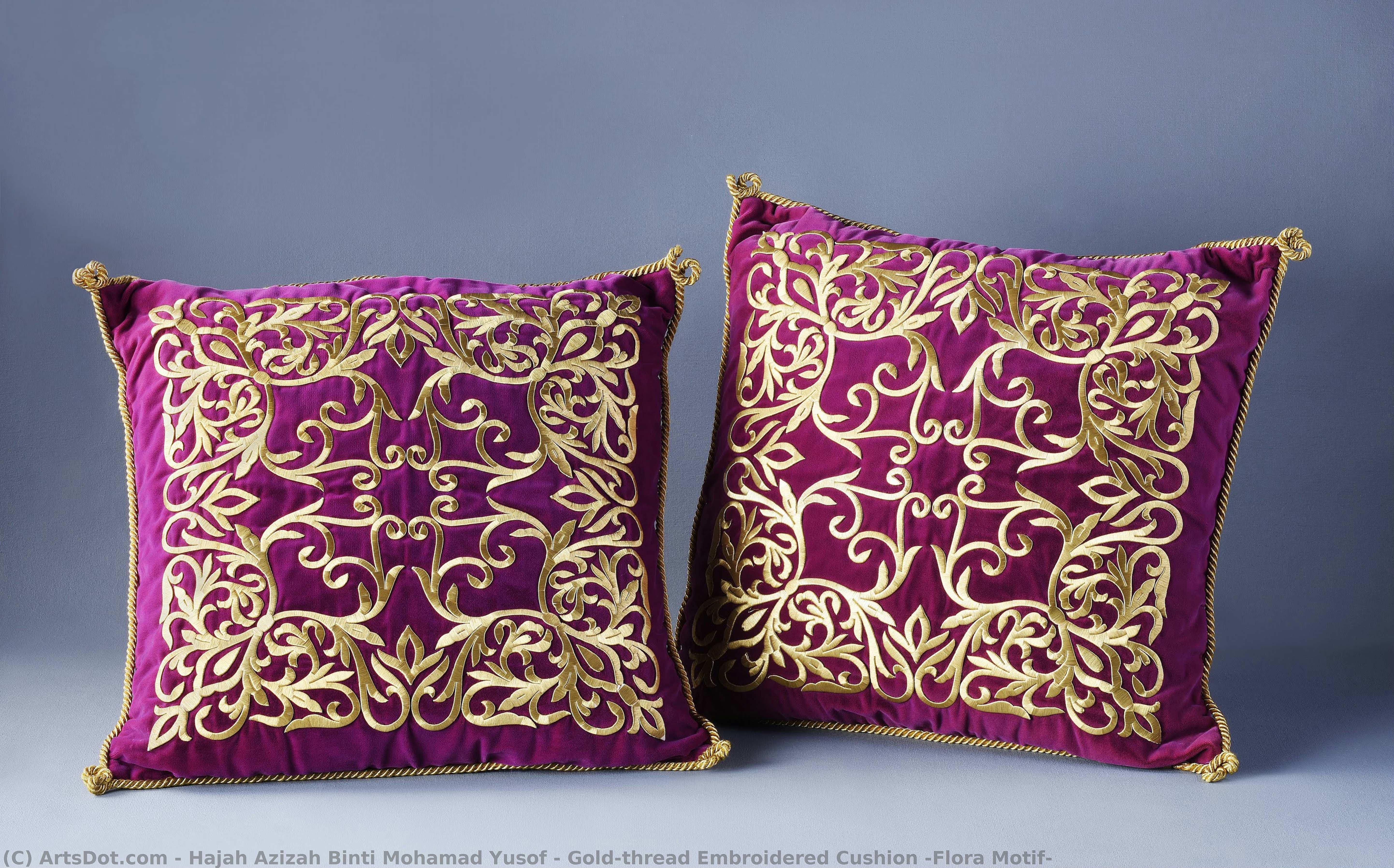 Gold-thread Embroidered Cushion (flora Motif) — Hajah Azizah Binti Mohamad Yusof