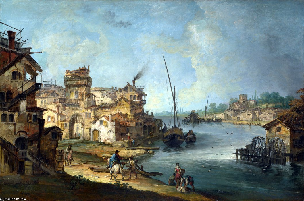 Buildings And Figures Near A River With Shipping — Michele Giovanni Marieschi