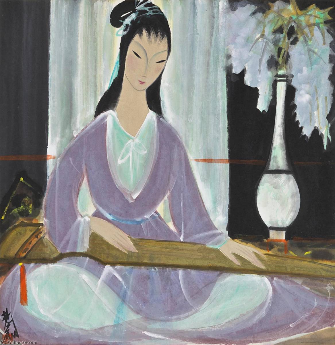 Lady Playing Strings — Lin Fengmian Flying Geese Over The Lotus Pond