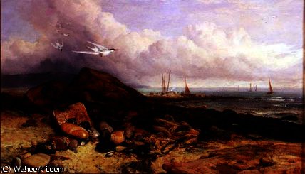 Shore Scene With Fishing Boat And Terns — Charles Napier Hemy