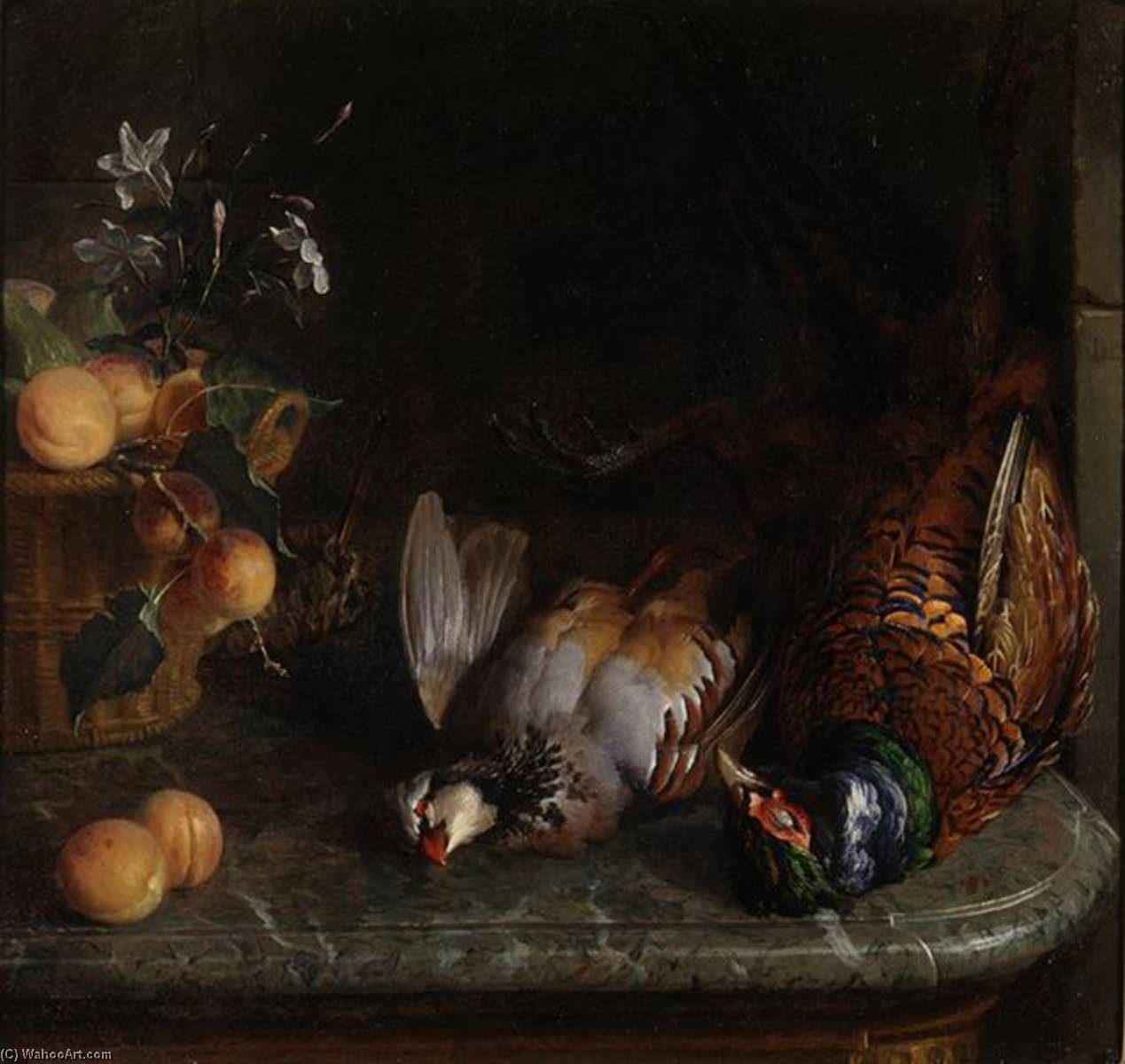 Gibier Sur Une Table De Marbre Avec Des Fleurs Et Des Fruits — Alexandre François Desportes