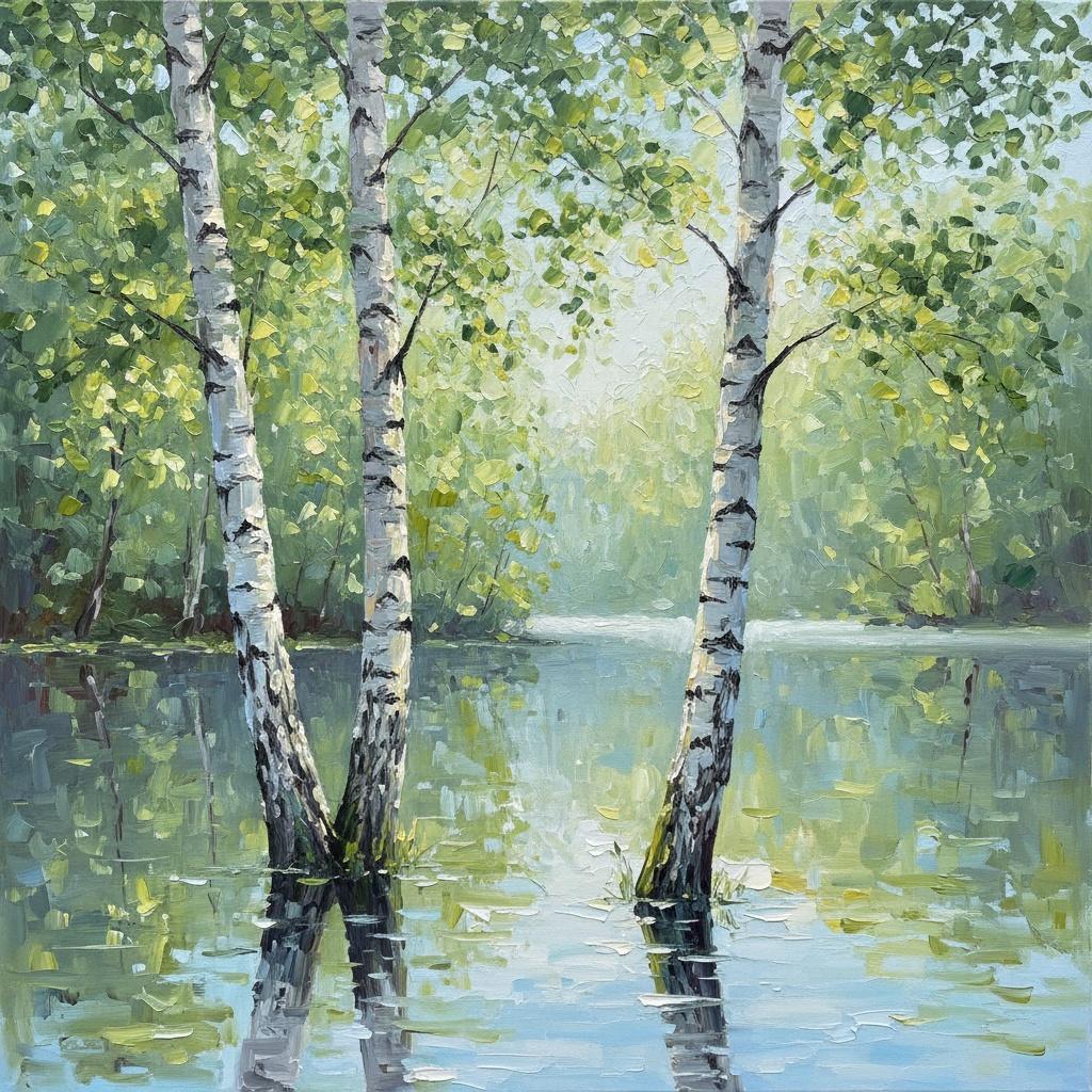 Luminous Birch Reflections In A Meditative Symphony Of Pale Verdant Light — Christian Noiret
