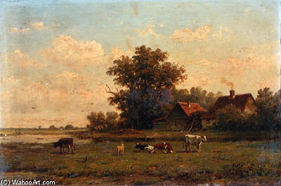 A Peasant Couple Resting In A Sunlit Meadow; Cattle Near A Farm — Anthonie Jacobus Van Wijngaerdt