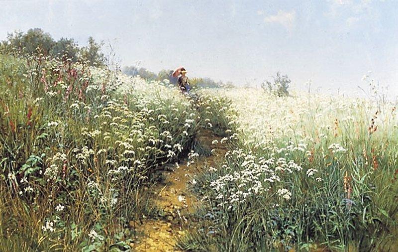 A Woman Under An Umbrella On A Flowering Meadow — Ivan Ivanovich Shishkin
