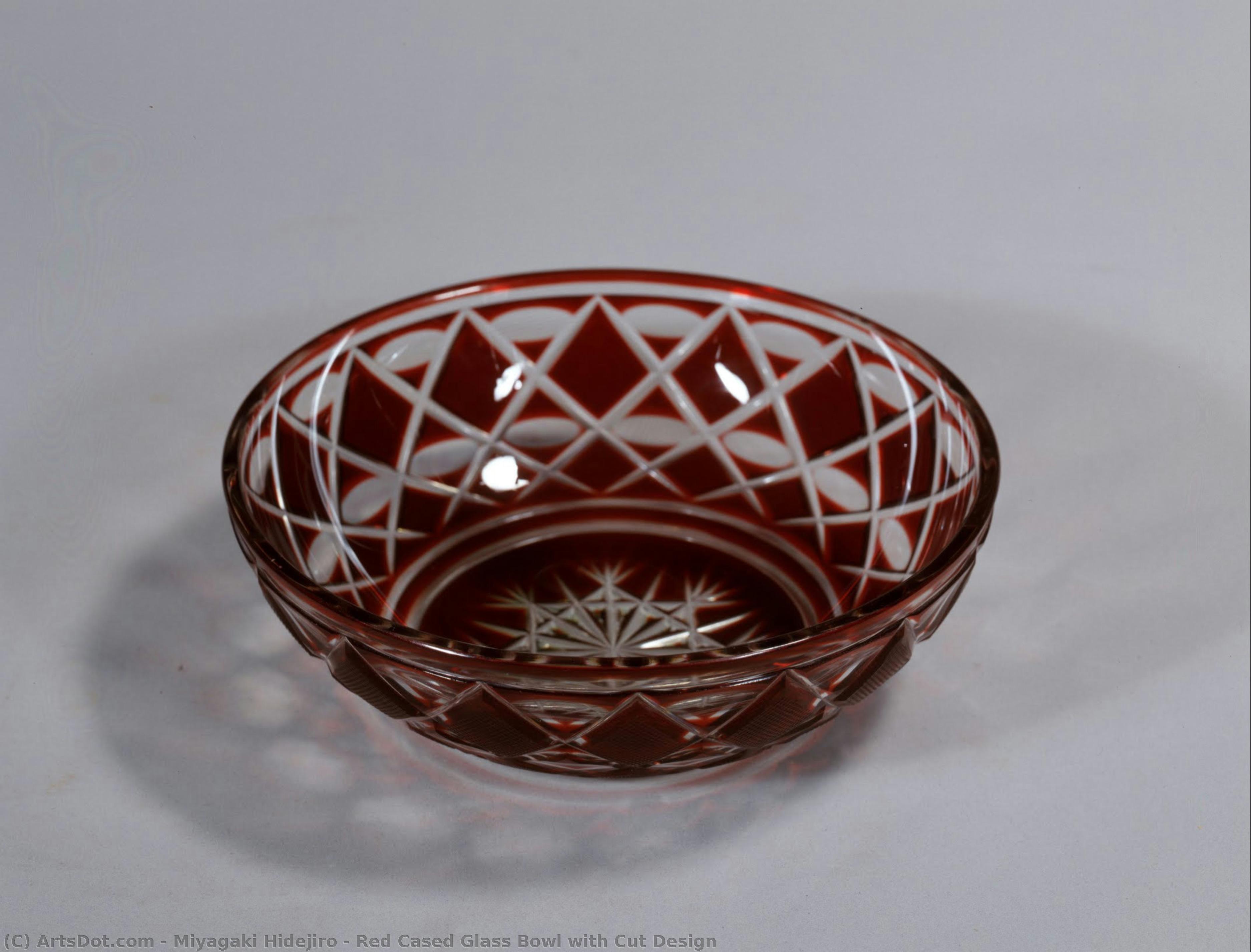 Red Cased Glass Bowl With Cut Design — Miyagaki Hidejiro