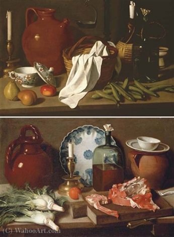 A Glass Bottle, A Blue And White Porcelain Platter, An Earthenware Jug, A Candle, An Orange And Fennel On A Wooden Ledge With Meat On A Chopping Board — Carlo Magini