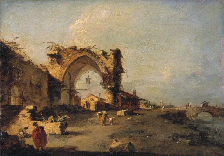 Vue D'une Bourgade Avec Un Pont Et Une Porte Gothique Monumentale En Ruine — Francesco Lazzaro Guardi