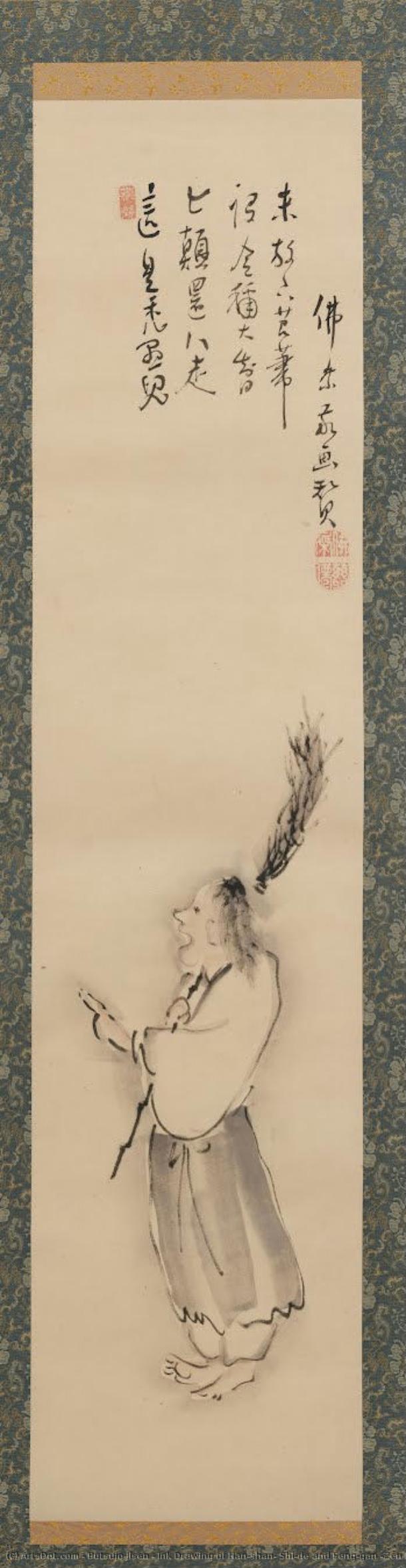 Ink Drawing Of Han-shan, Shi-de And Feng-gan (zen Hermits) (three Materials In One Set) — Butsujo Jisen