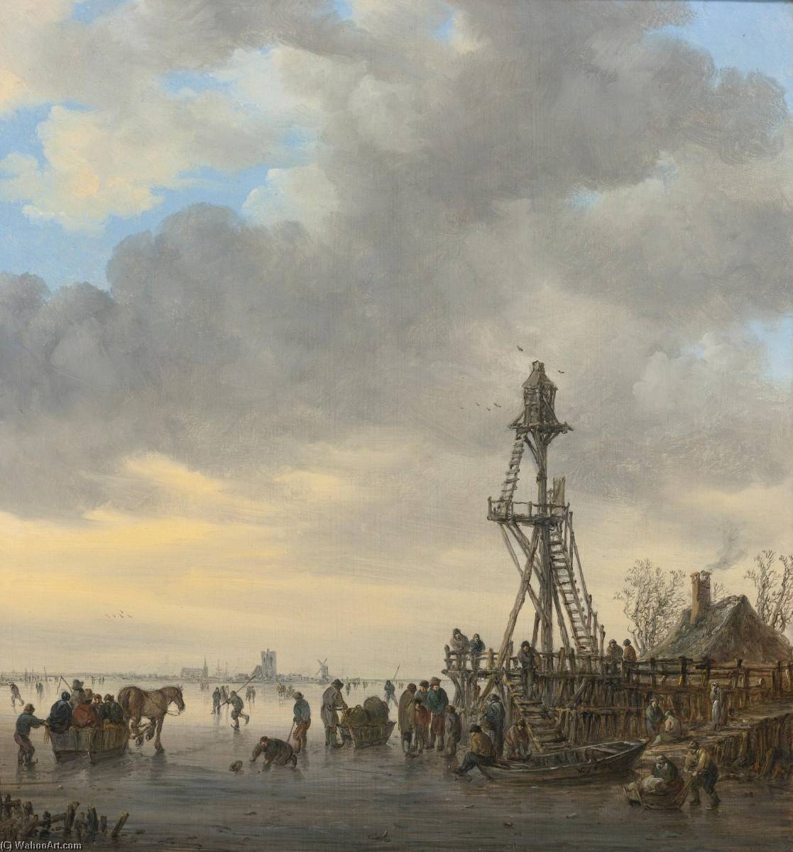 A Wooden Landing Stage On A Frozen River, Churches And A Windmill At Left On The Distant Shore — Jan Josefsz Van Goyen