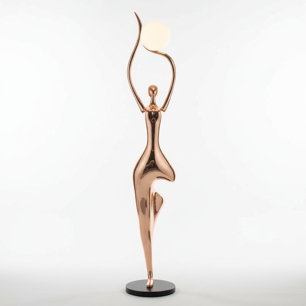 Rose Gold Sculptural Floor Lamp – Fiberglass & Iron Goddess Figure