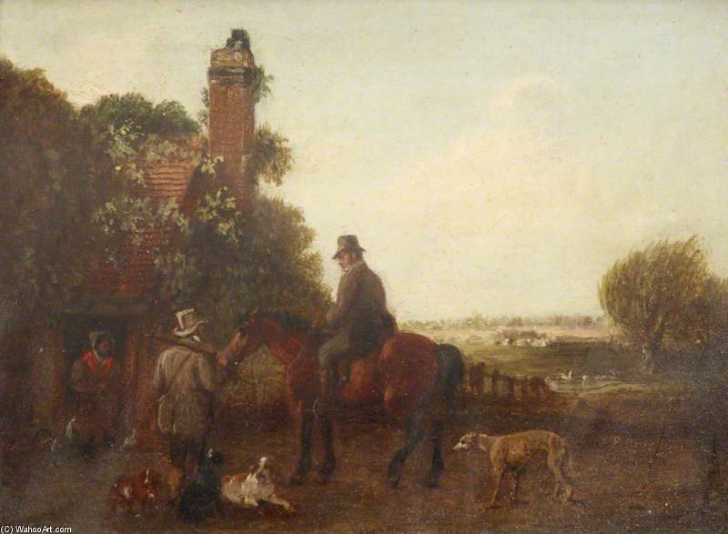 Two Sportsmen Outside A Cottage, One On Horseback, With Dogs — Edmund Bristow