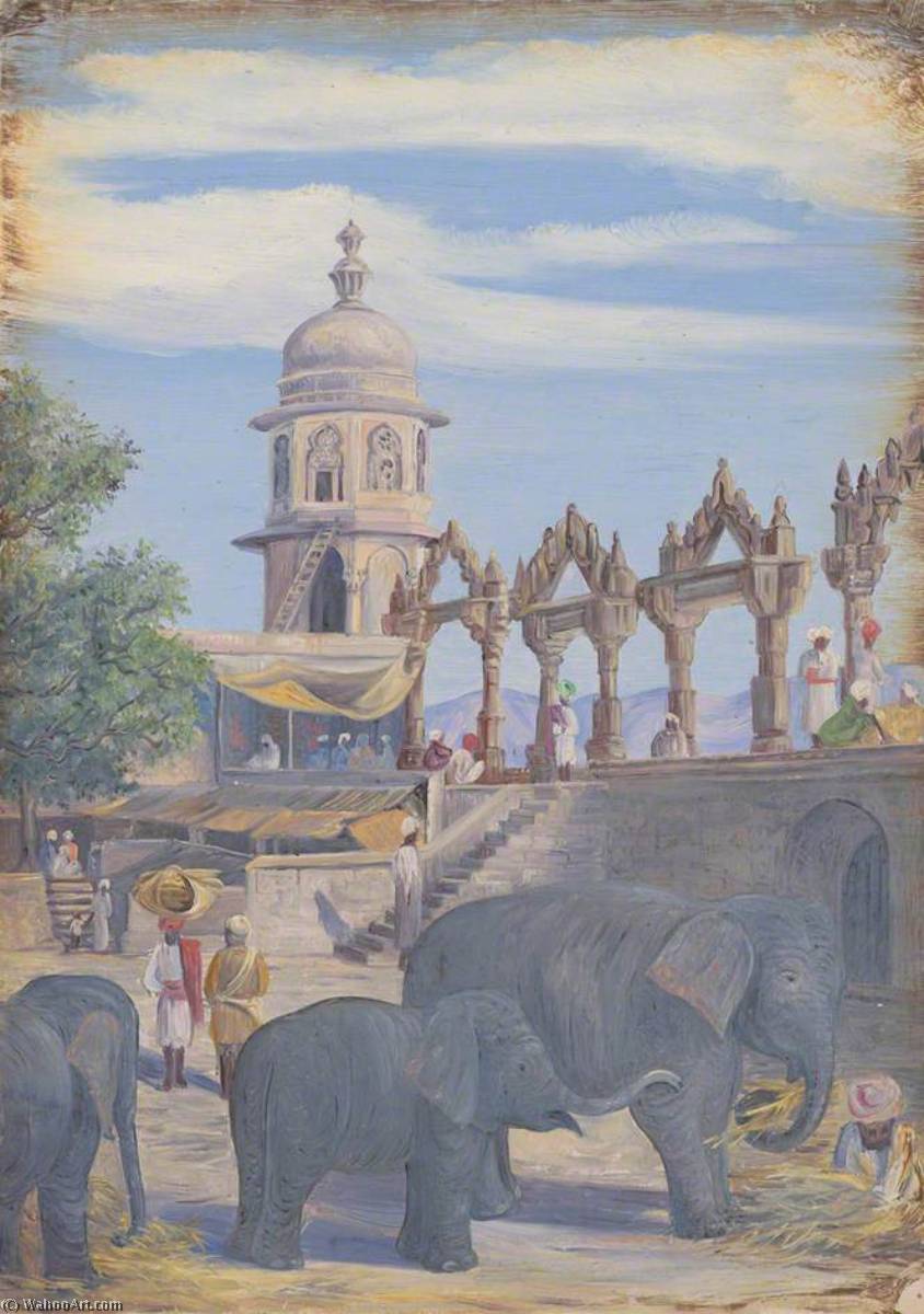 Palasthof Und Elefantenmutter Mit Kalb, Udaipur, Indien — Marianne North