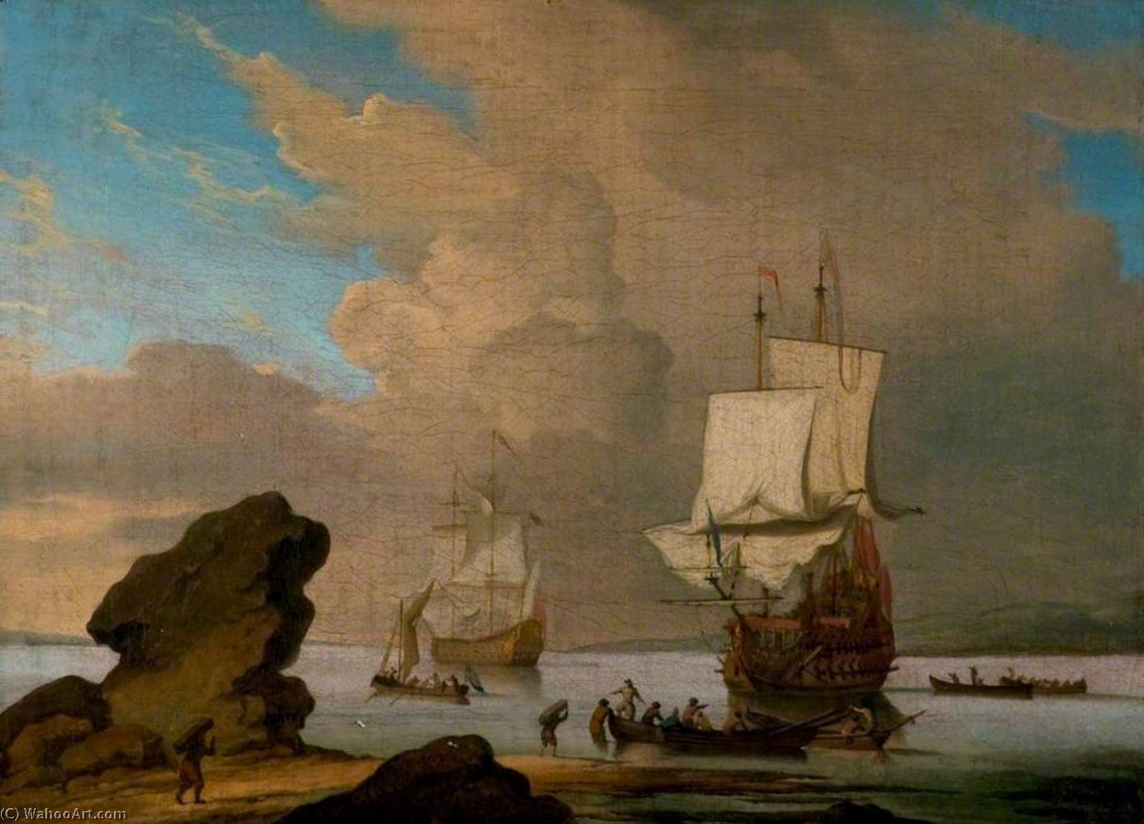 Seascape, Ships And Boats In A Calm Off A Rocky Shore — Willem Van De Velde Der Ältere