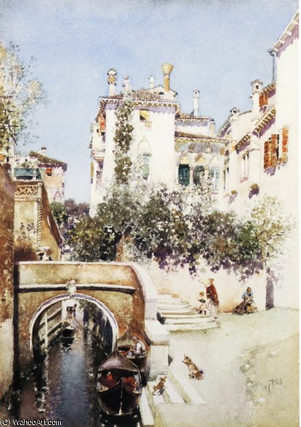 Ladies In A Flowering Courtyard Near A Canal - Venice — Martín Rico Y Ortega