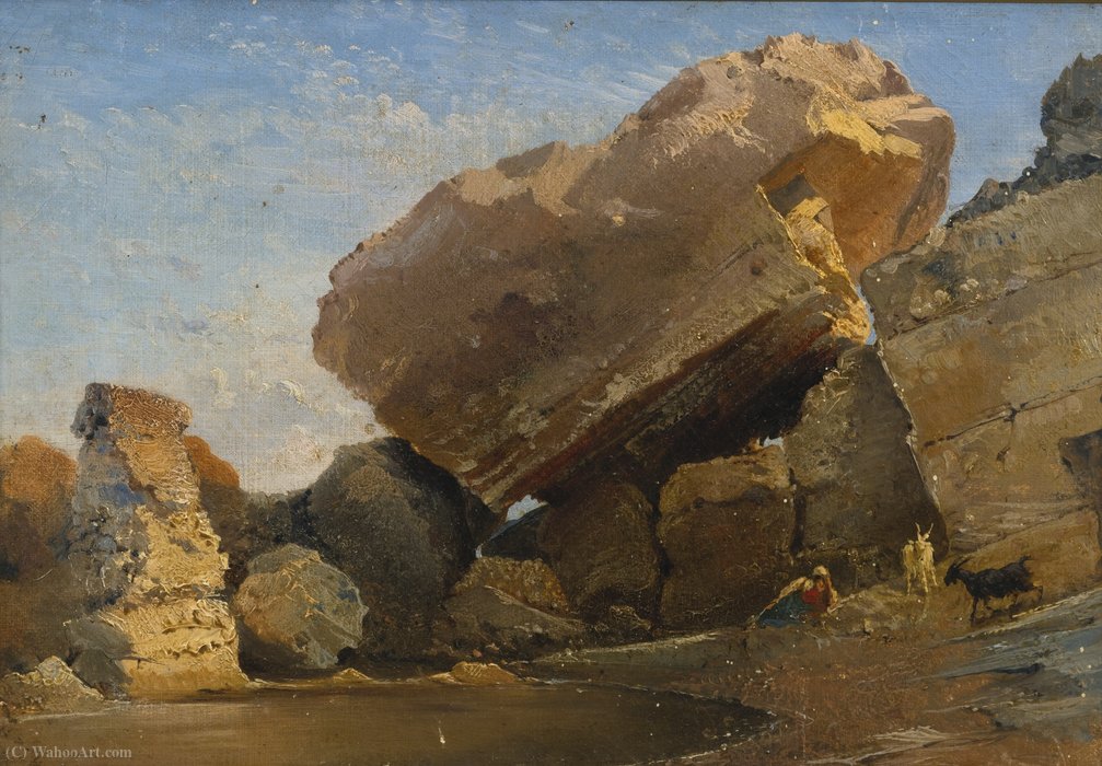 Goatherd With Goats In A Rocky Inlet — Giacinto Gigante