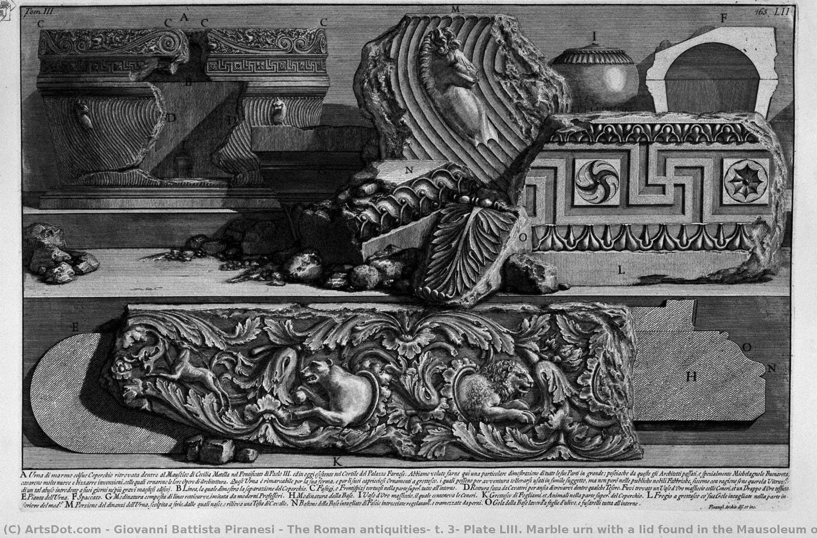 The Roman Antiquities, T. 3, Plate Liii. Marble Urn With A Lid Found In The Mausoleum Of Cecilia Metella. — Giovanni Battista Piranesi