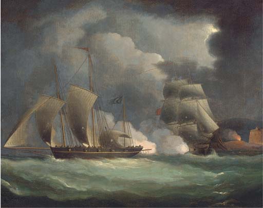 A British Man-o'war Engaging A Pirate Lugger Off The Coast — Thomas Buttersworth