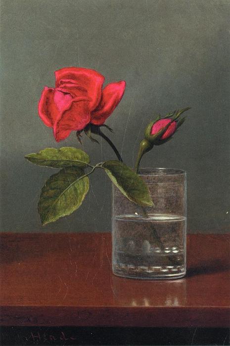 Red Rose And Bud In A Tumbler On A Shiny Table — Martin Johnson Heade
