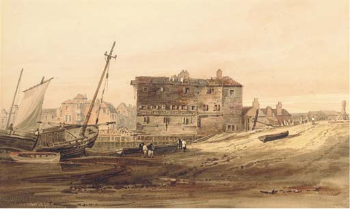 Shipping Vessels Beached By An Old Wharf With A Town Beyond — Samuel Prout