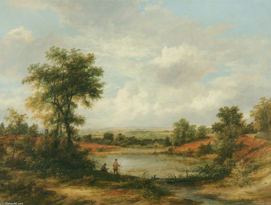 Lake Scene, With Two Men Fishing — James Stark